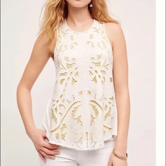 Anthropologie Tops - Anthropologie‎ Akemi Kin Tank Top Blouse Lace White Yellow White Hi-Low Size M